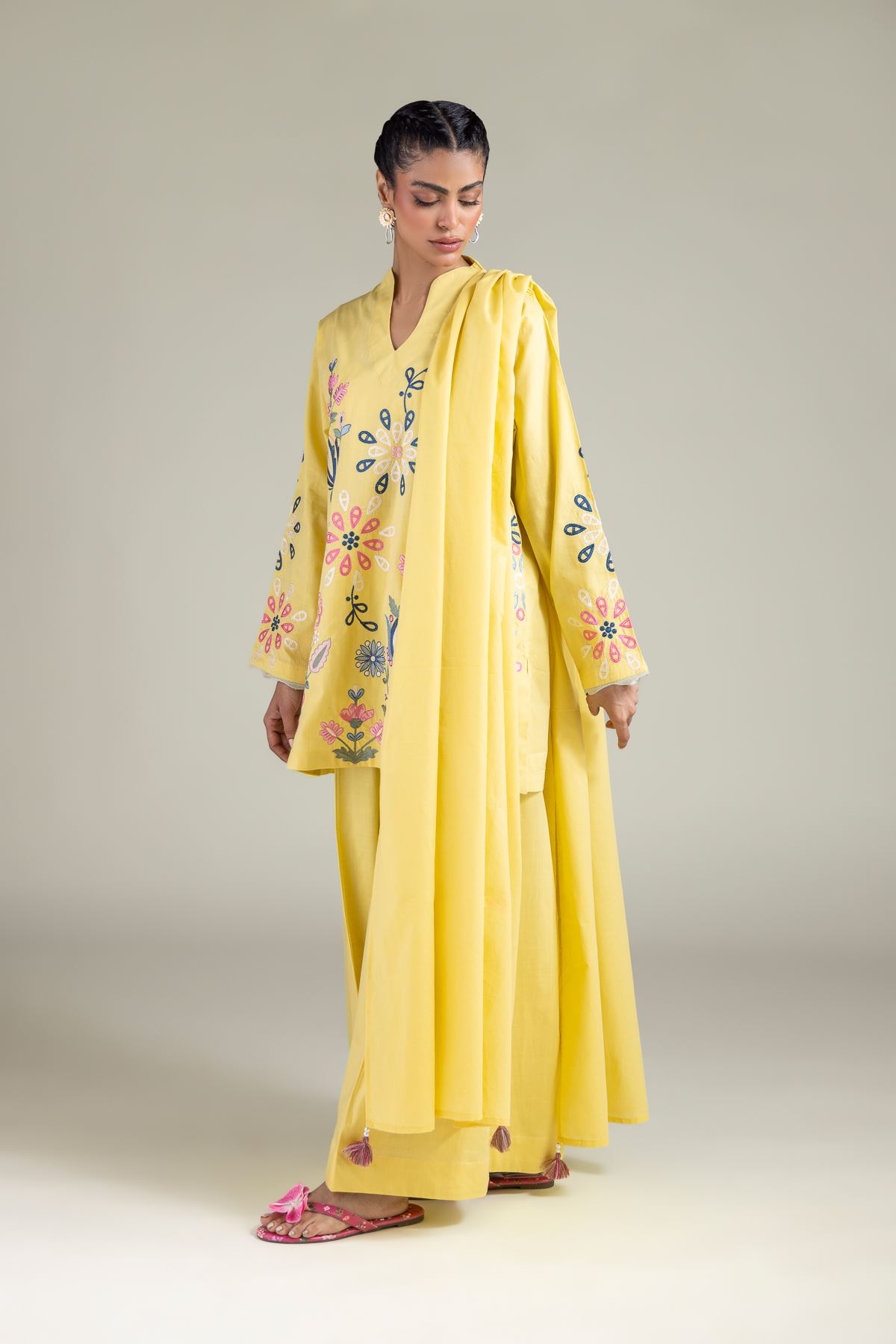 Embroidered Textured Cotton Solid Tassel Dupatta - 1-26-117-A-E-VG