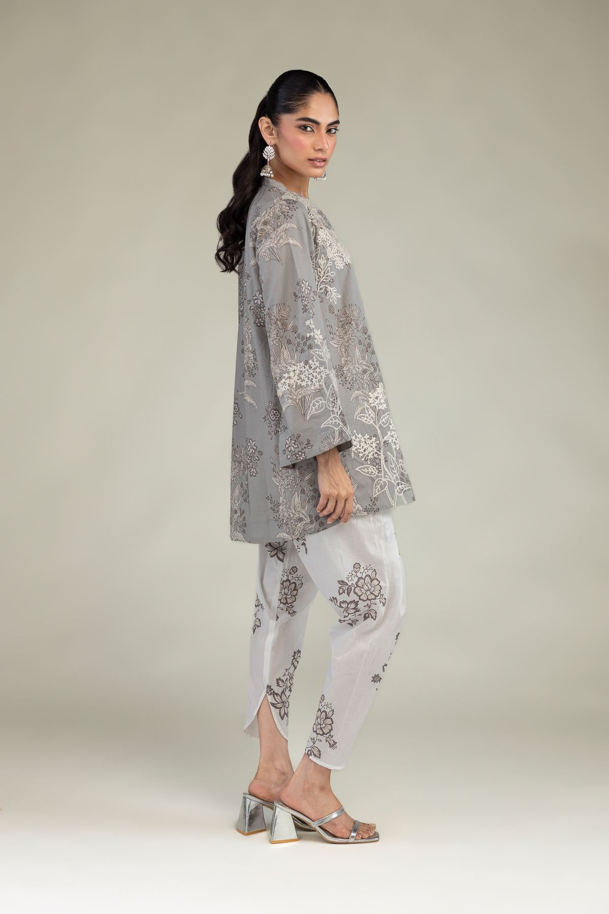 Embroidered Cambric Gray Floral Pants - 1-26-248-B-G1-VG