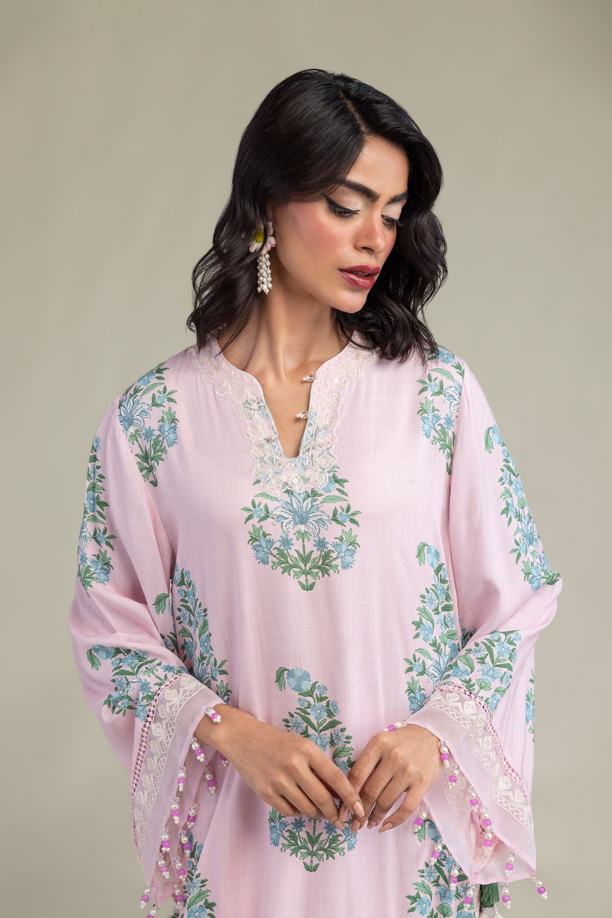 Embroidered Raw Silk Long Pink Kurta - 8-26-216-B-B1-VG