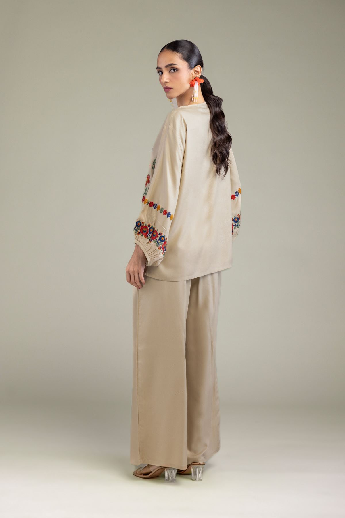Embroidered Viscose Crepe Floral Beige Blouse - 6-26-202-A-G1-VG