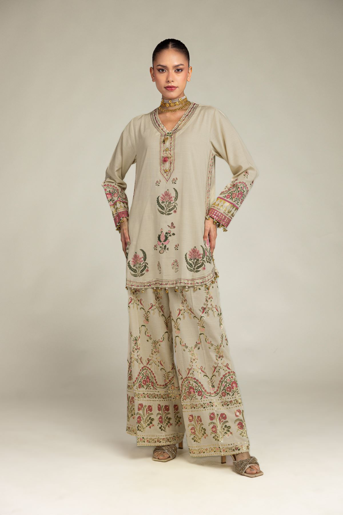 Embroidered Raw Silk Floral Silk Co-ords - 1-26-221-A-G1-VG