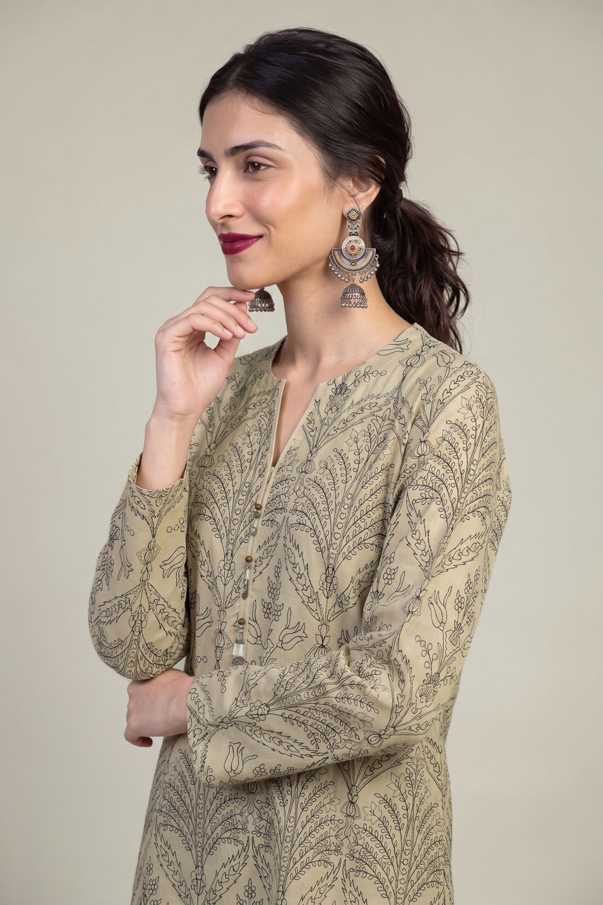 Embroidered Raw Silk Beige Silk Kurta - 1-26-309-B-D1-VG
