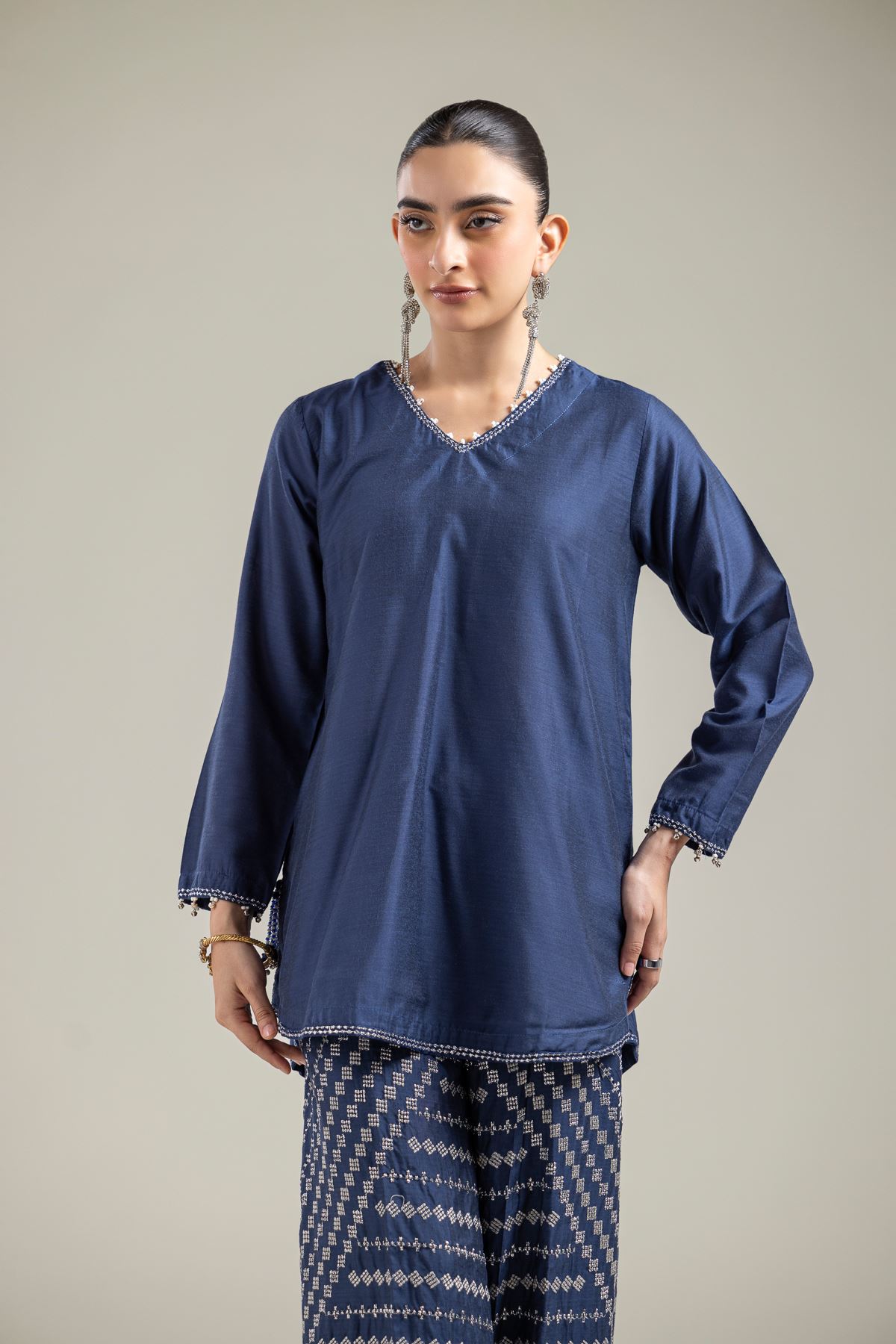 Raw Silk Navy V-Neck Kurta - 6-26-206-A-J2-VG
