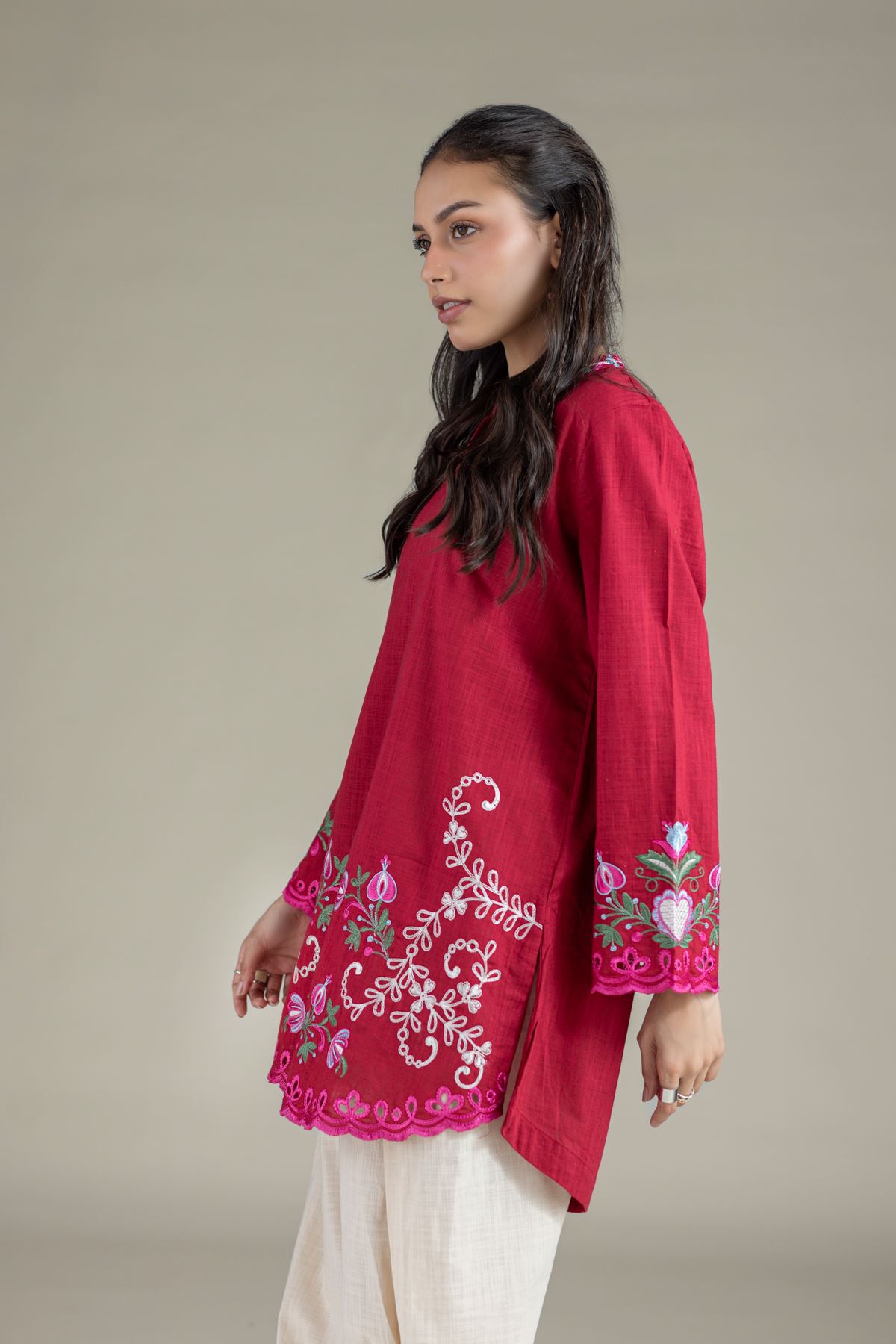 Embroidered Heavy Textured Cotton Kurta - 25-10-12E4-08TB-VG