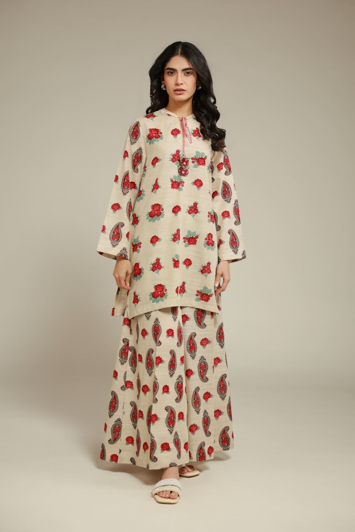 Printed Textured Cotton Wide-Leg Pants - 1-26-102-A-C-VG