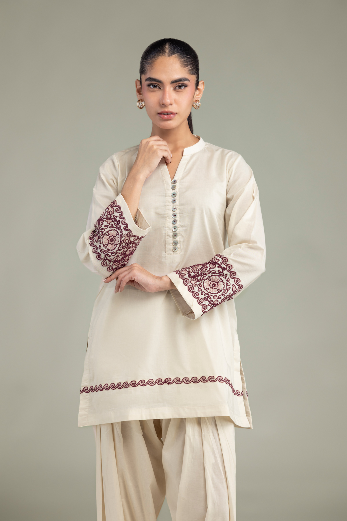 Embroidered Cambric V-Neck Cambric Kurta - 1-26-102-A-F-VG