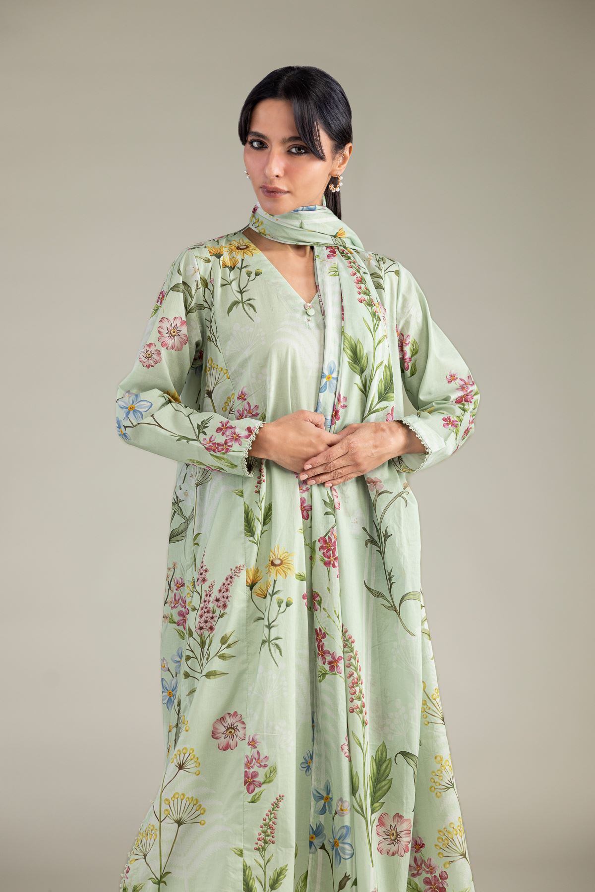 Printed Lawn Floral Mint Dupatta - 1-26-102-A-F-VG