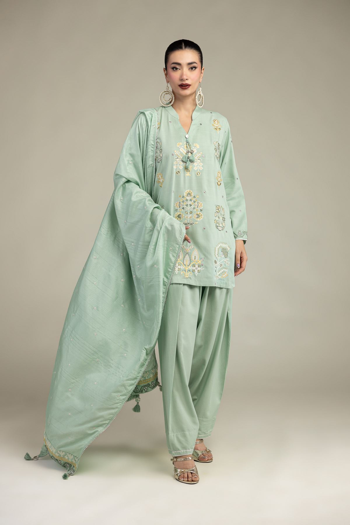 Embroidered Polyester Silk Floral Mint Dupatta - 2-26-207-A-C1-VG