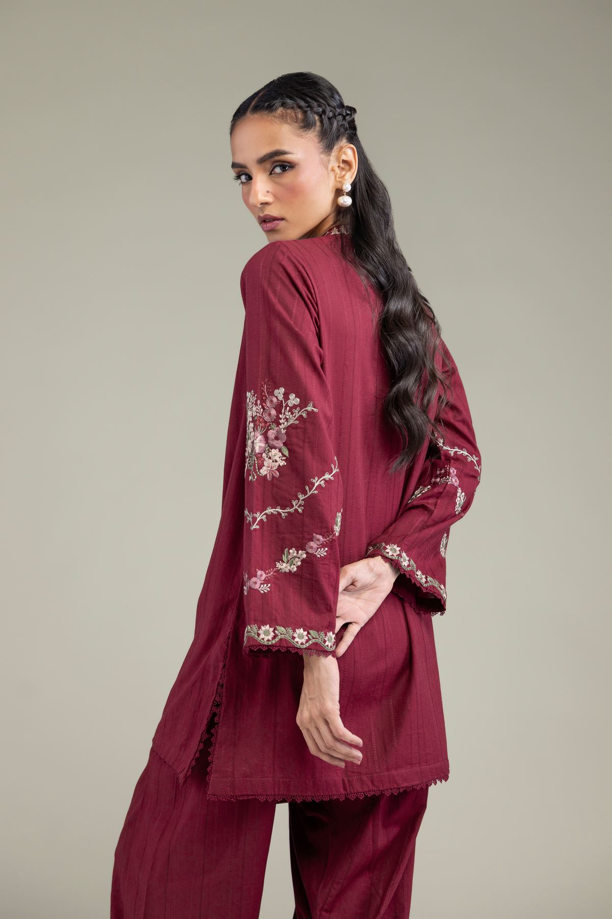 Embroidered Textured Cotton Floral Short Kurta - T-A11-26-114FF1-VG