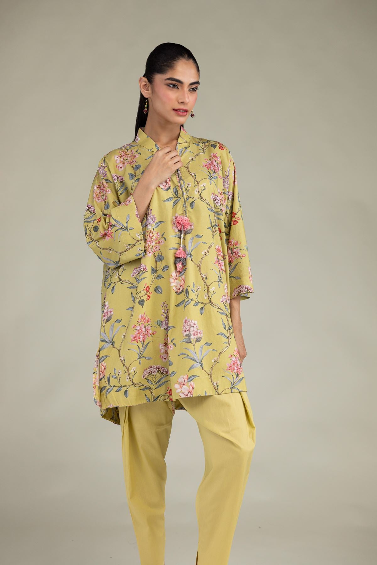 Printed Cotton Viscose Floral V-Neck Kurta - 2-26-304-B-D1-VG