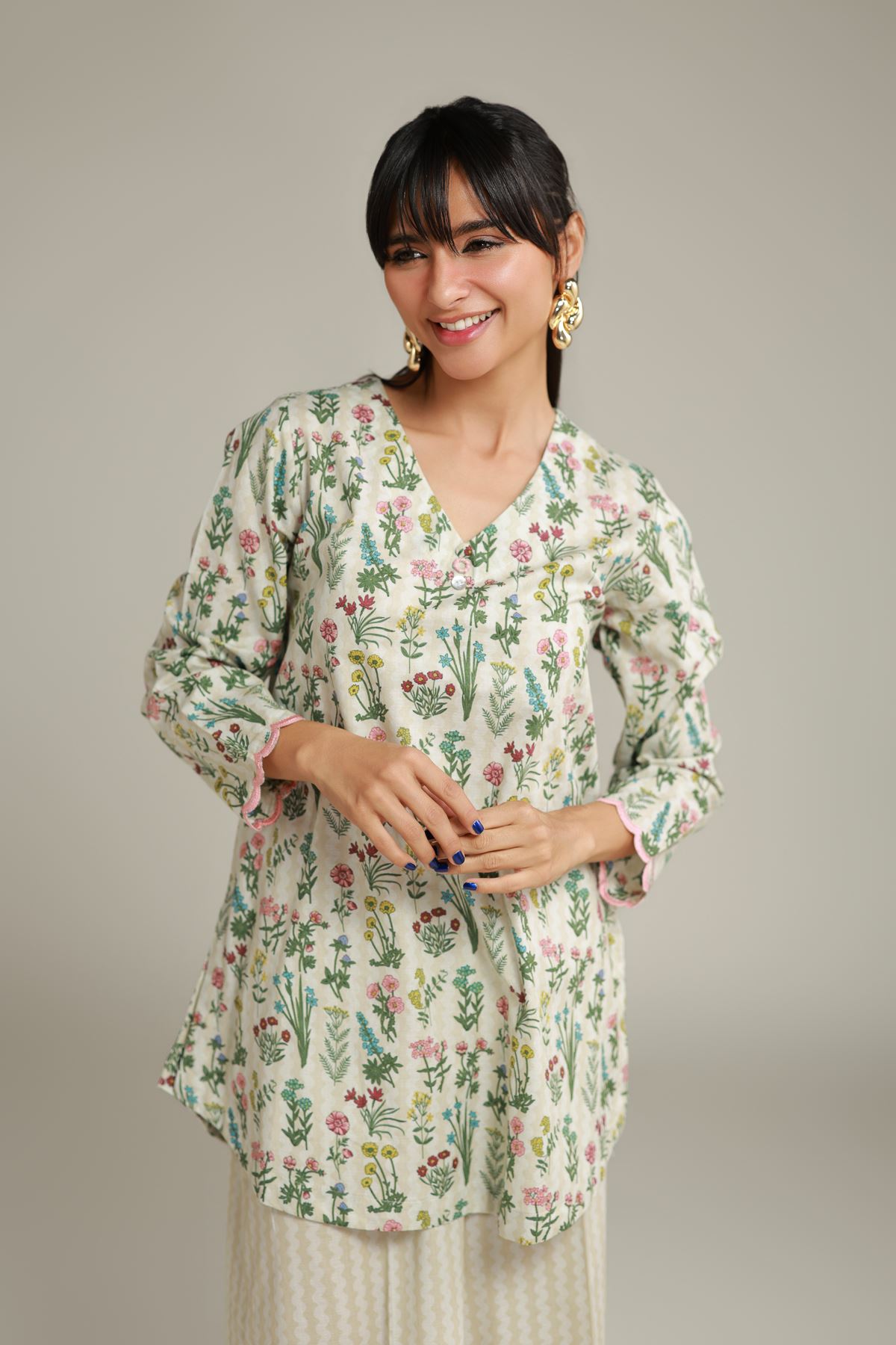 Embroidered Cotton Dobby Floral V-Neck Kurta - 1-26-132-A-D-VG