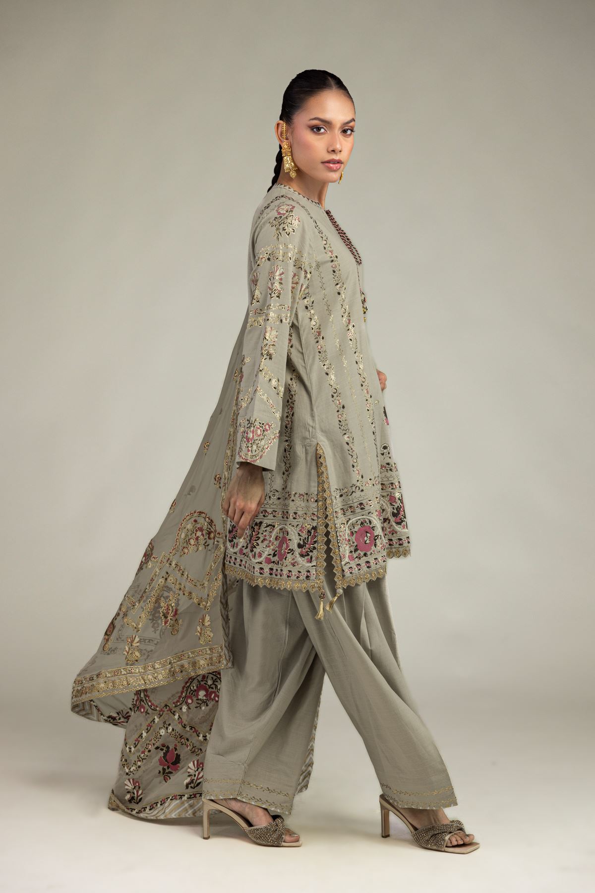 Embroidered Raw Silk 3-piece Co-ords Set - T-A11-26-118FI2-VG