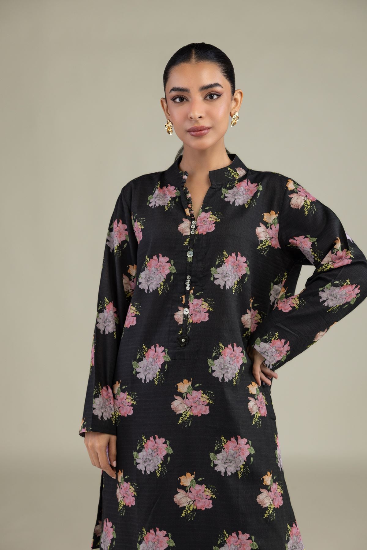 Printed Cotton Dobby Black Floral Kurta - 1-26-102-A-F-VG