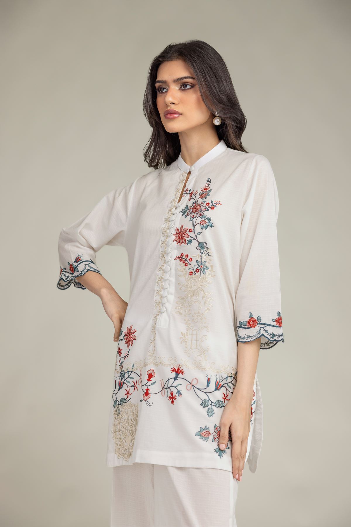 Embroidered Cotton Dobby Short Floral Kurta - T-A11-26-104FB2-VG