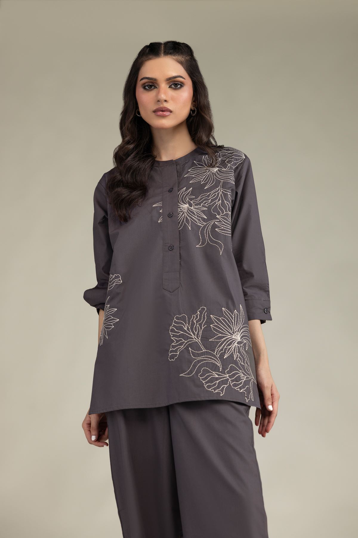 Embroidered Poplin Gray Poplin Shirt - 1-26-229-B-F1-VG