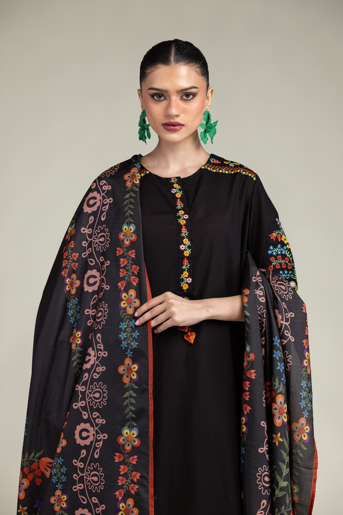 Embroidered Polyester Silk Floral Black Dupatta - 1-26-203-A-G1-VG