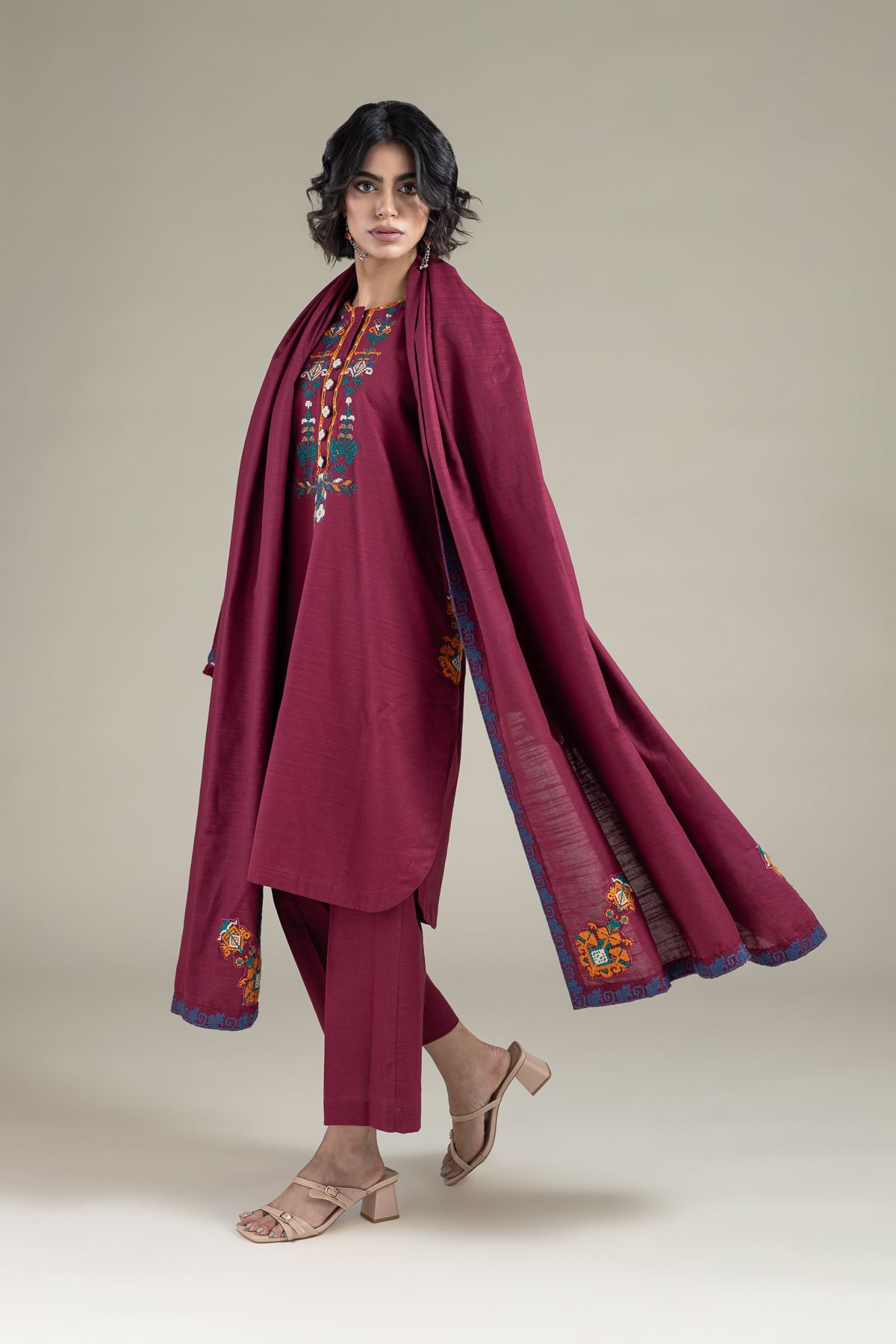 Embroidered Textured Cotton Dupatta - 25-10-10S4-02TB-VG
