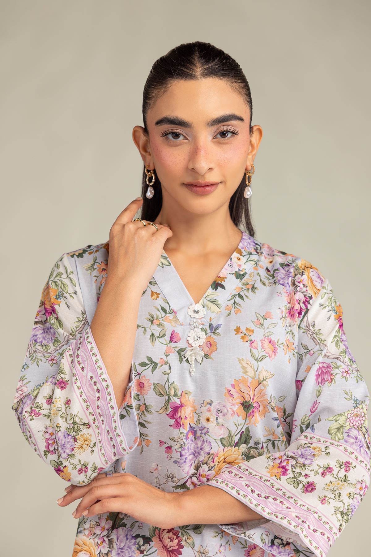 Printed Raw Silk Short Floral Kurta - 1-26-102-A-F-VG