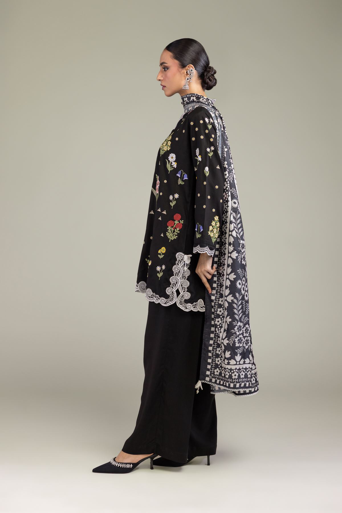 Embroidered Polyester Silk Floral Black Dupatta - 2-26-209-A-C1-VG