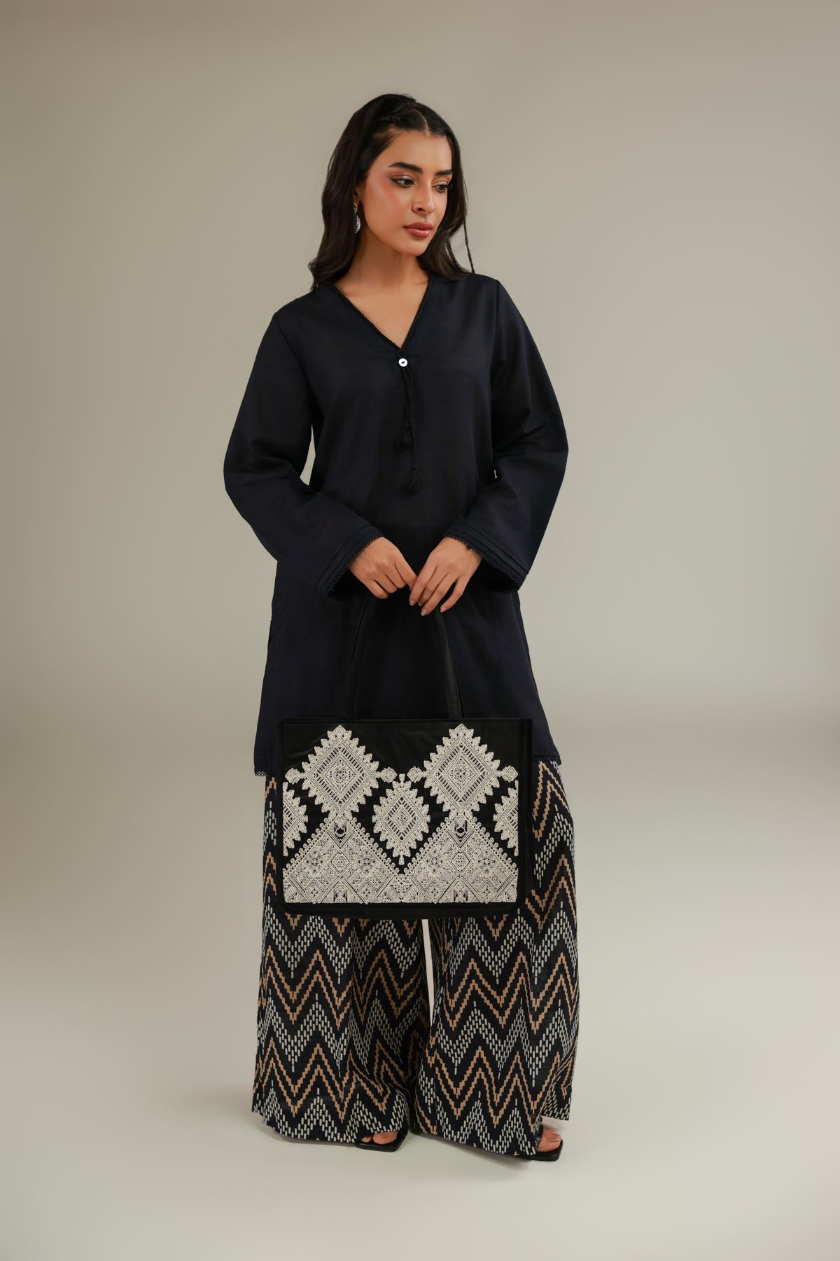 Printed Textured Cotton Black Wide Pants - 25-09-11E10-01TB-VG