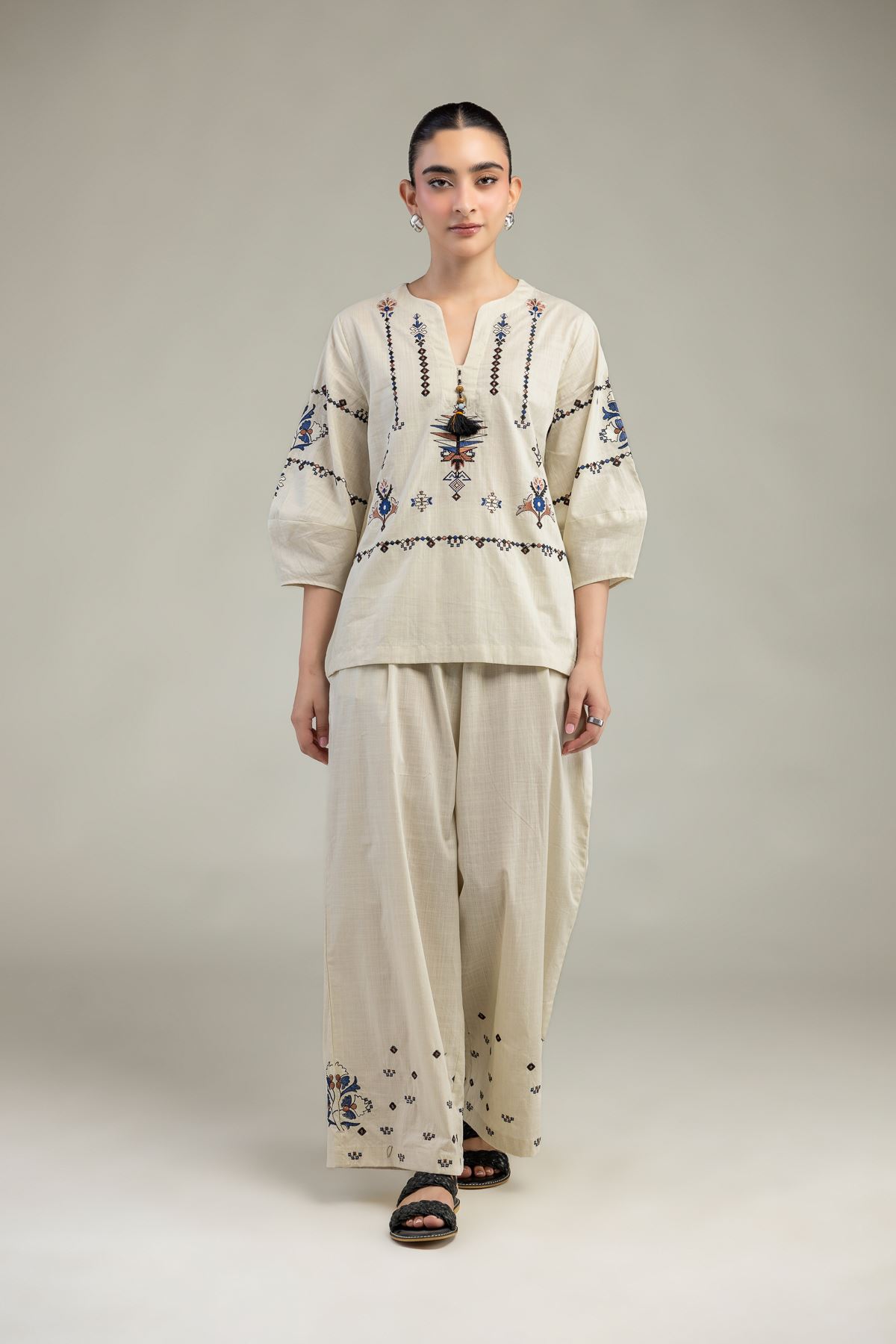 Embroidered Textured Cotton Floral Cotton Trousers - 6-26-204-B-I1-VG