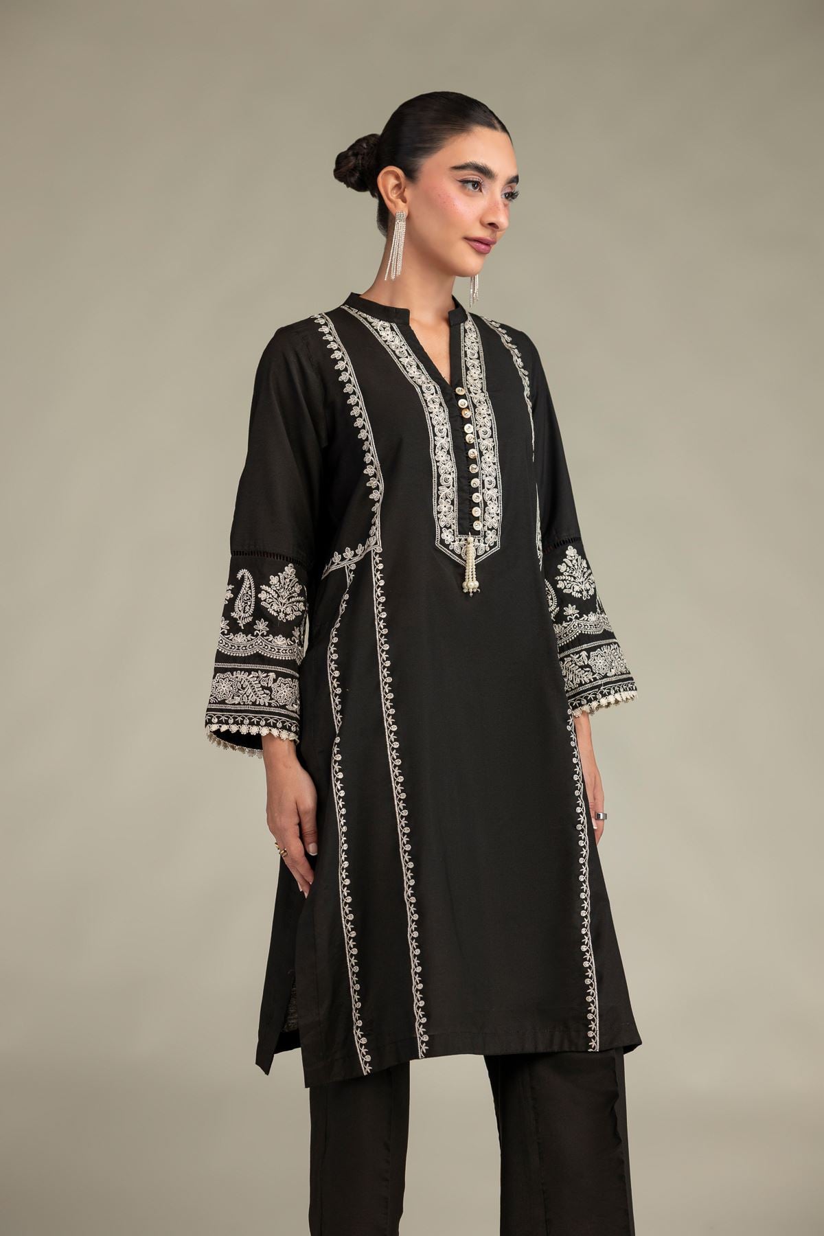 Printed Raw Silk Long Black Kurta - 2-26-306-A-D1-VG