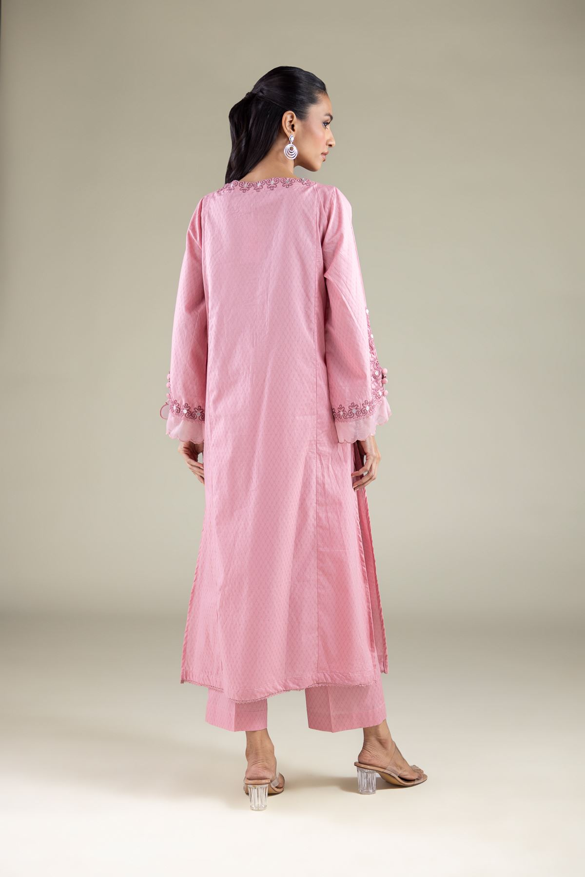 Embroidered Cotton Dobby Round V-Neck Kurta - 2-26-104-A-E-VG