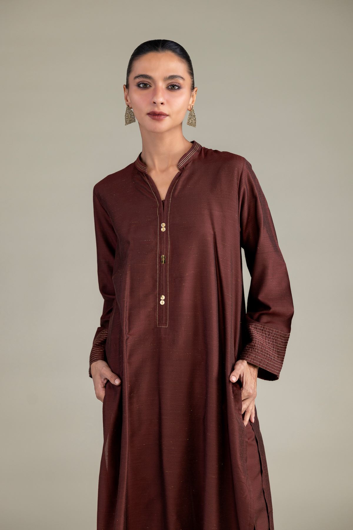 Dyed Mesuri Silk Brown V-Neck Kurta - 8-26-303-A-C1-VG