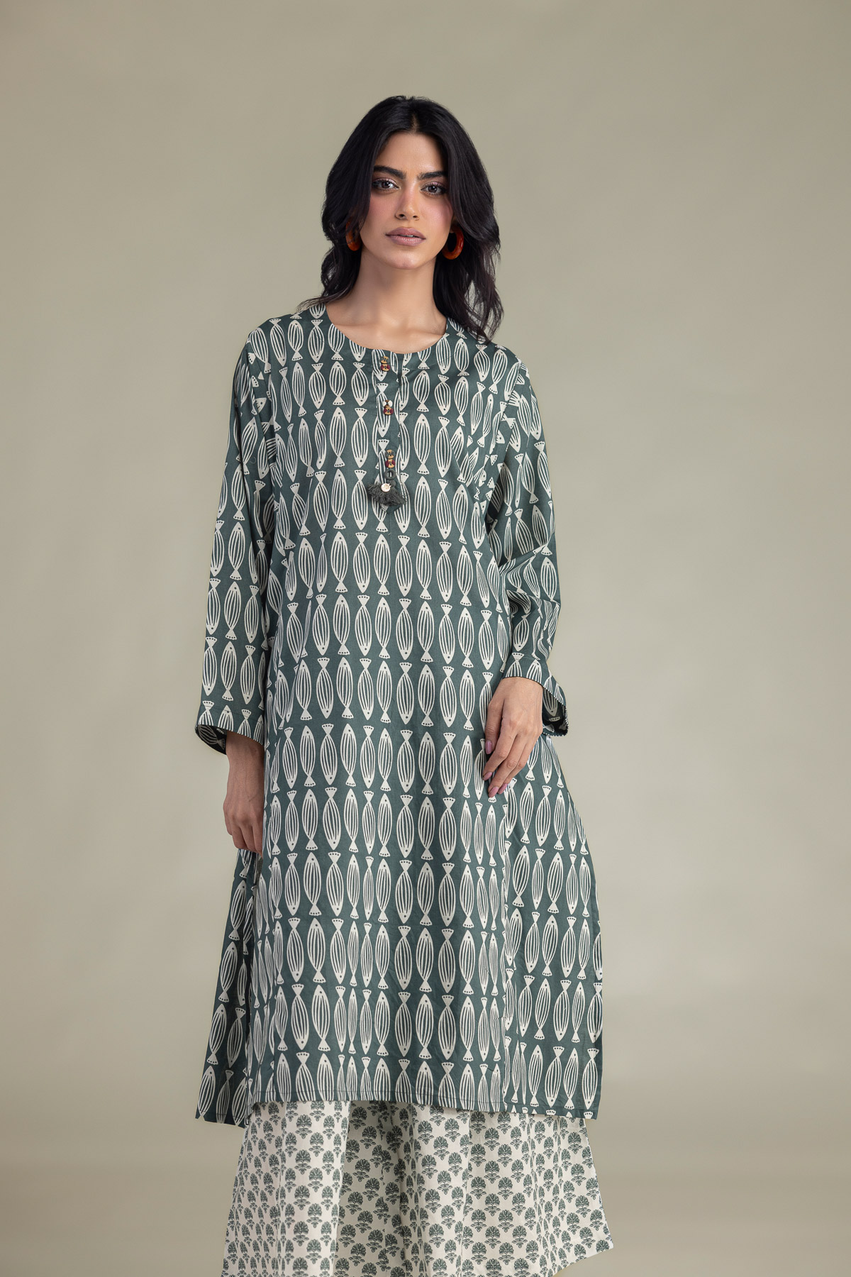 Printed Cambric Green Longline Kurta - 1-26-102-A-F-VG