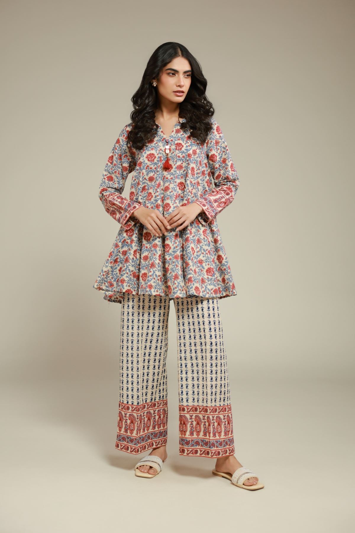 Printed Textured Cotton Paisley Pants - 1-26-125-B-G-VG
