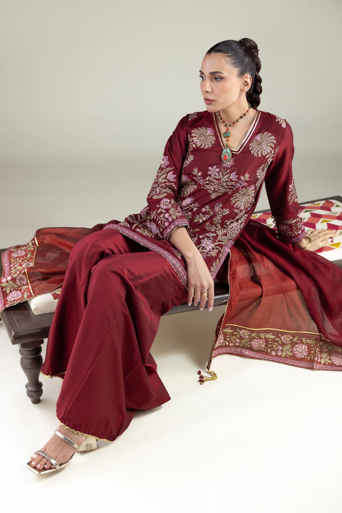 Embroidered Raw Silk Floral V-Neck Kurta - 2-26-105-A-E-VG