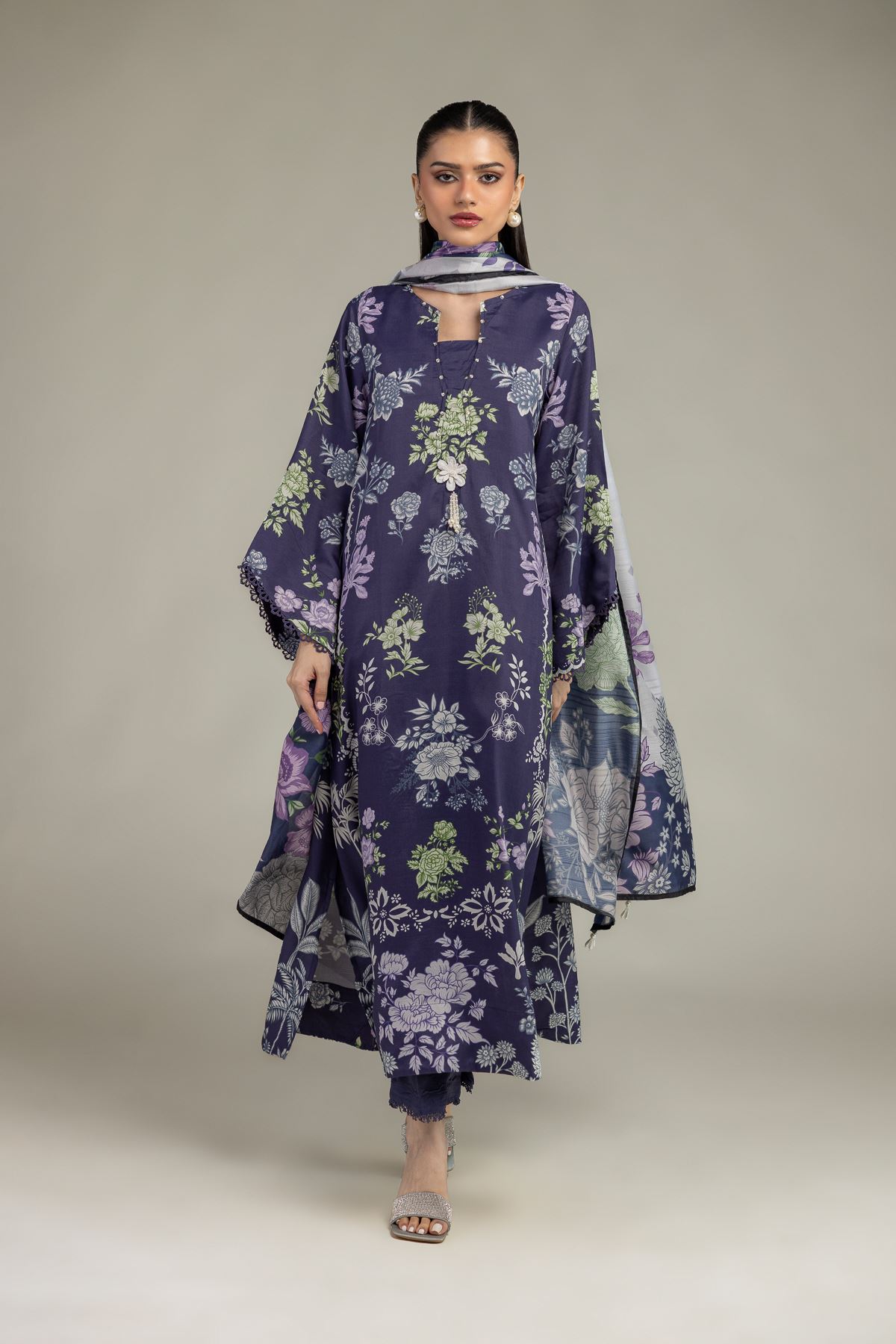 Embroidered Polyester Silk Floral Navy Dupatta - 2-26-208-A-E1-VG