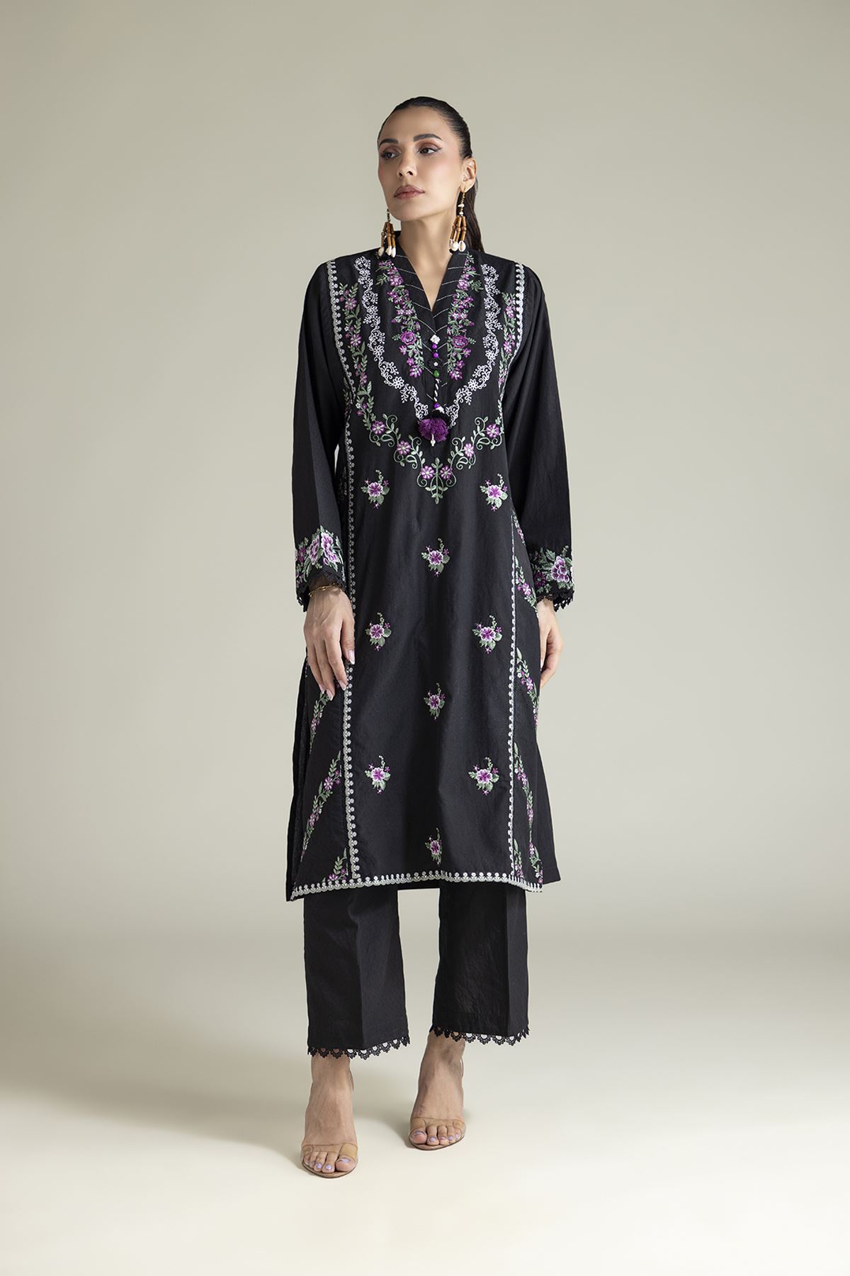 Embroidered Cotton Dobby Black Tailored 2-Piece - 1-26-102-A-F-VG