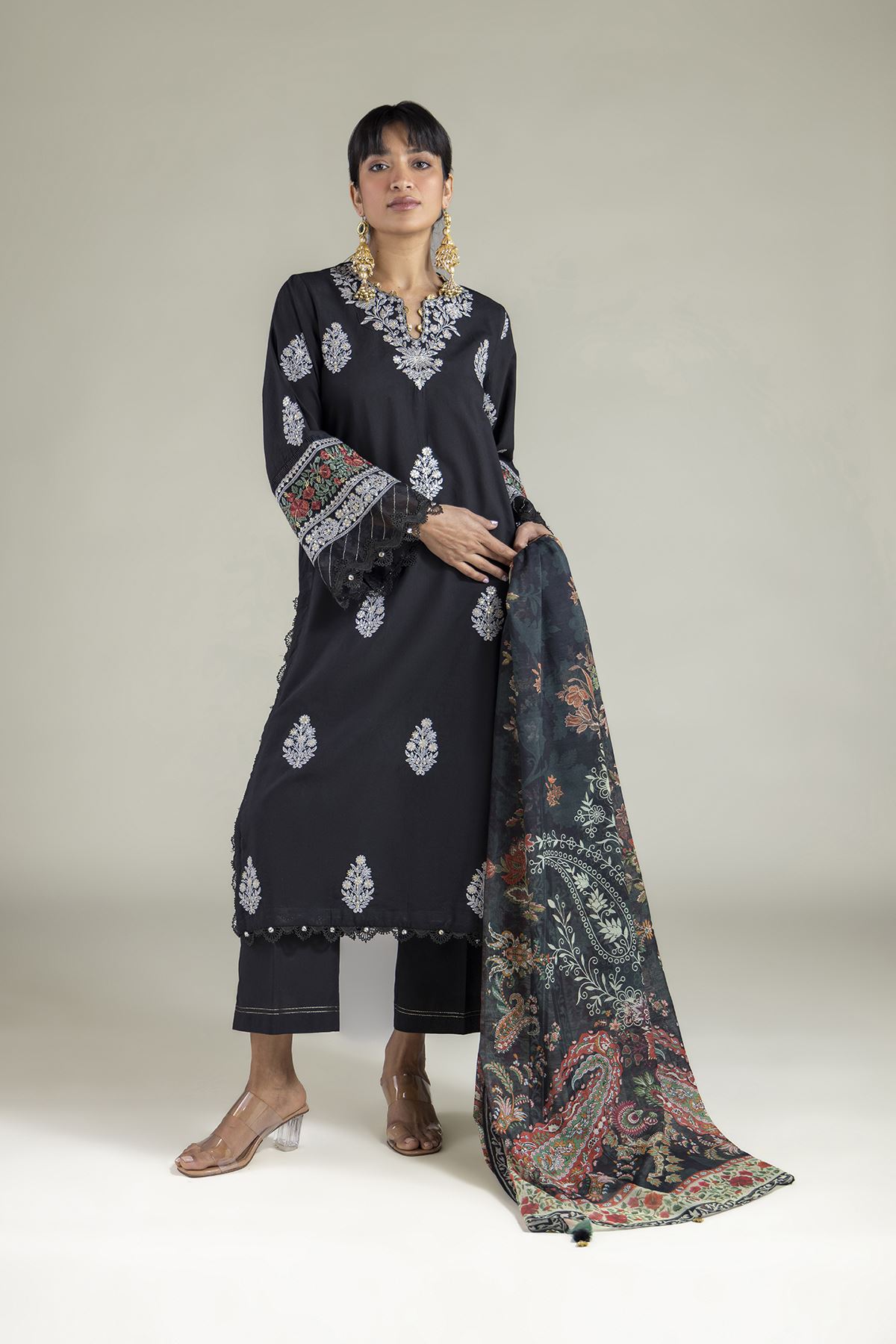 Embroidered Cambric Black Tailored Set - 2-26-212-A-F1-VG