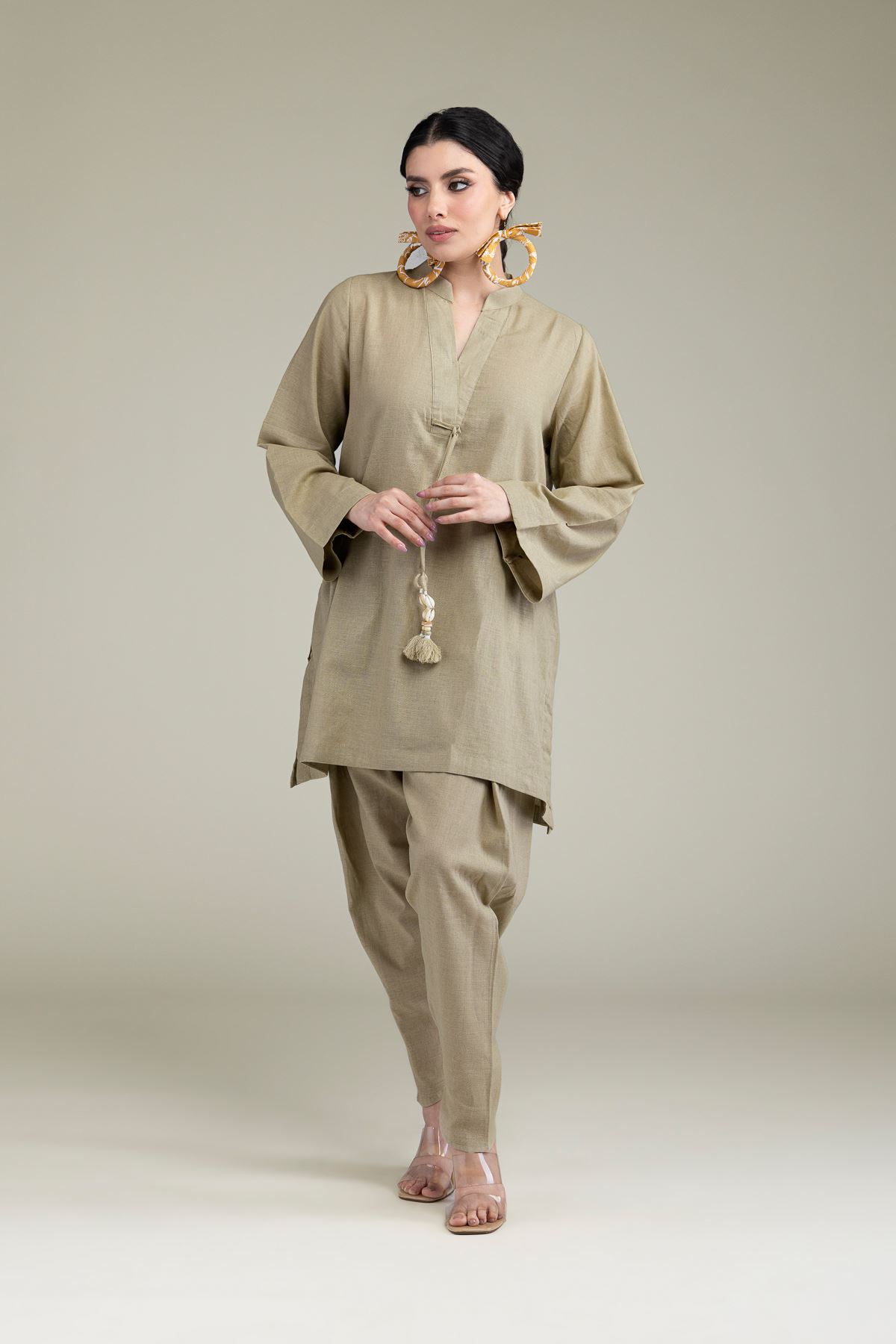 Dyed Blended Linen V-Neck Band-Collar Kurta - 1-26-209-A-E2-VG