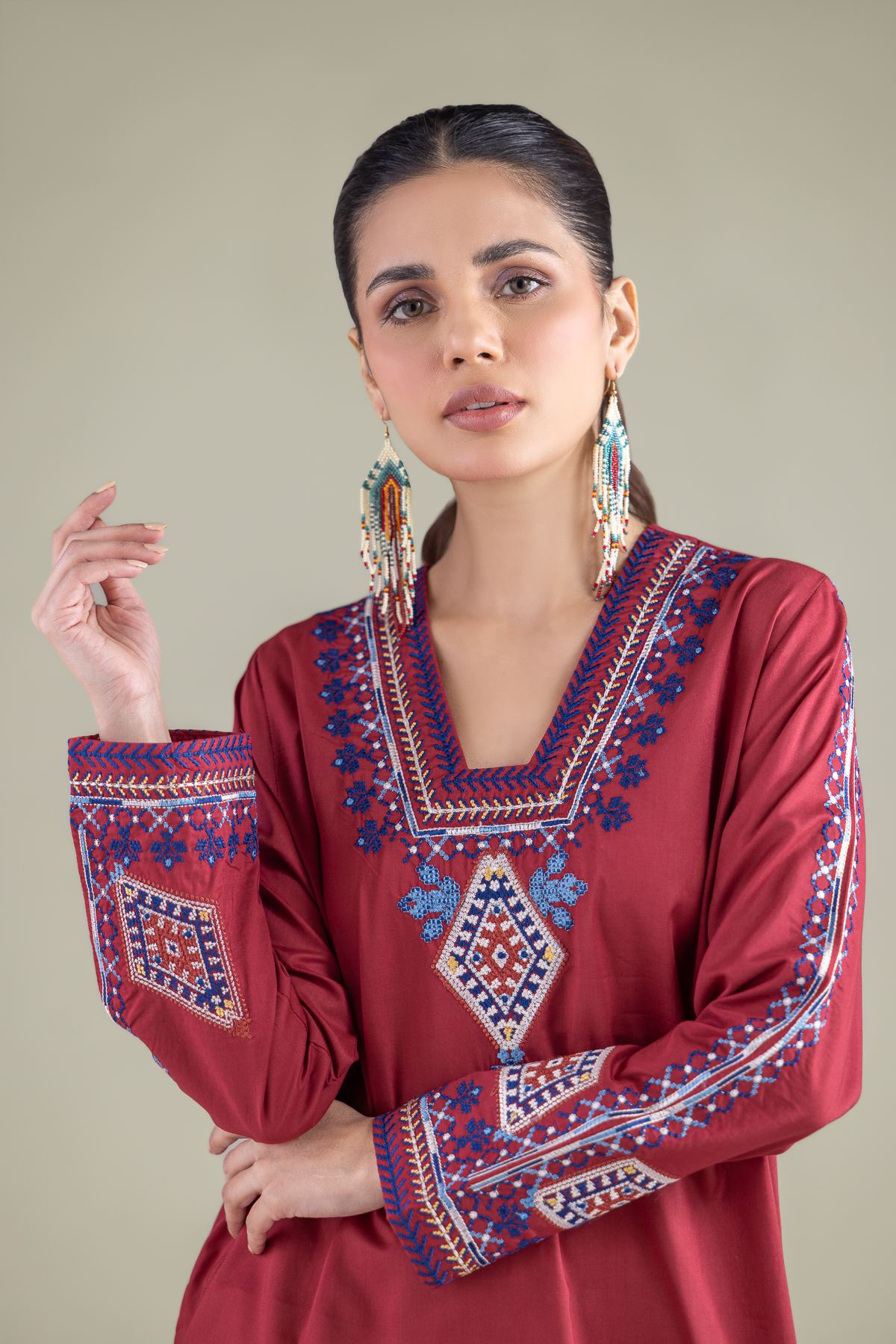 Embroidered Cambric V-Neck Geometric Kurta - 1-26-137-A-F-VG