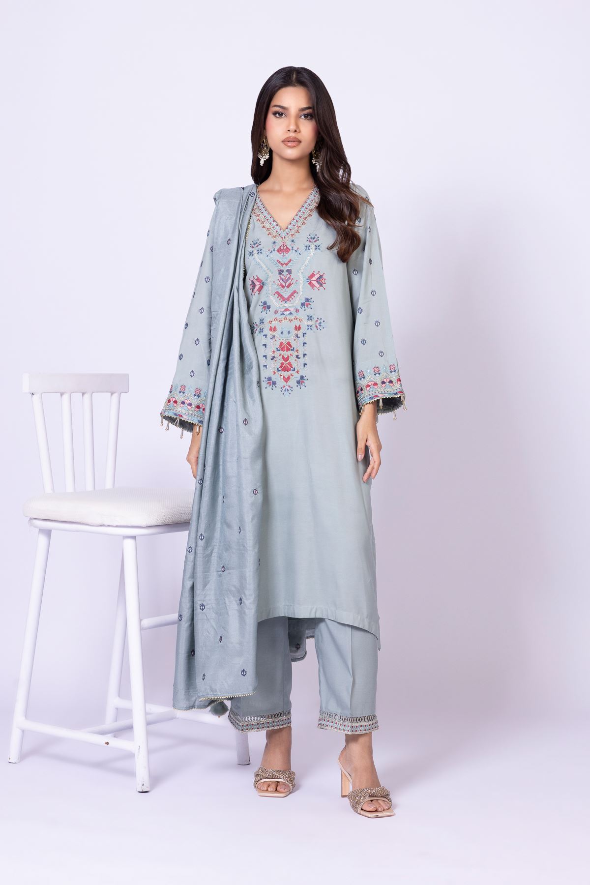 Embroidered Raw Silk Pants - 25-04W16-02TA-VG