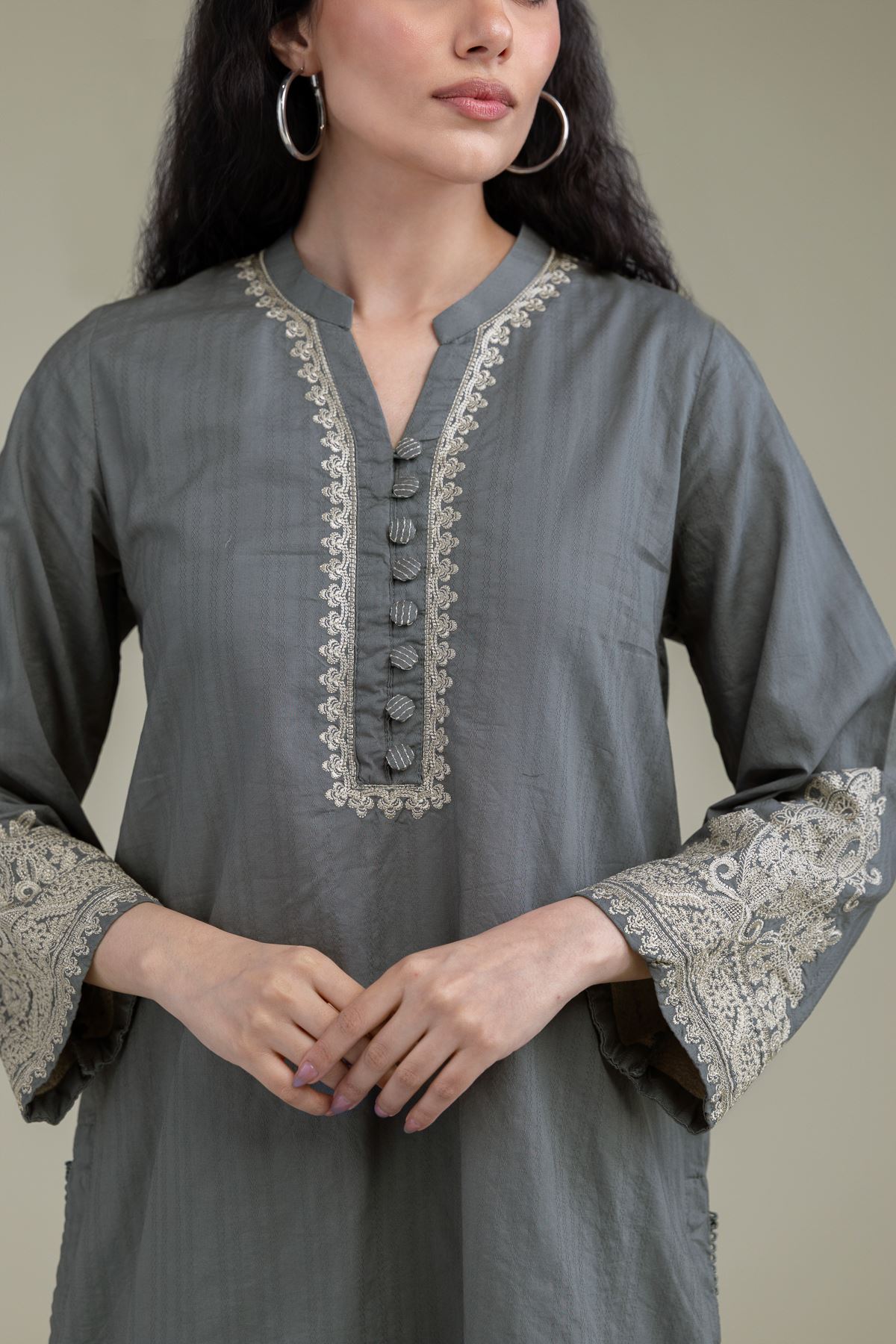 Embroidered Cotton Dobby Gray Cotton Kurta - 1-26-209-A-F1-VG