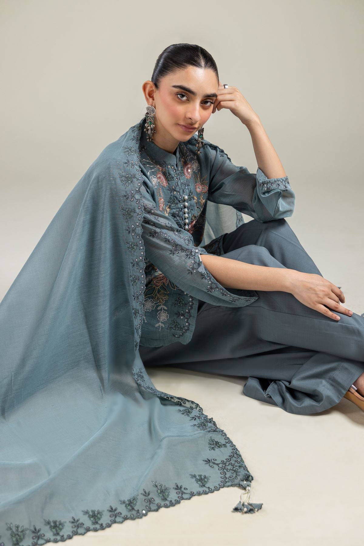 Paper Silk Floral Teal Dupatta - 2-26-202-A-G-VG