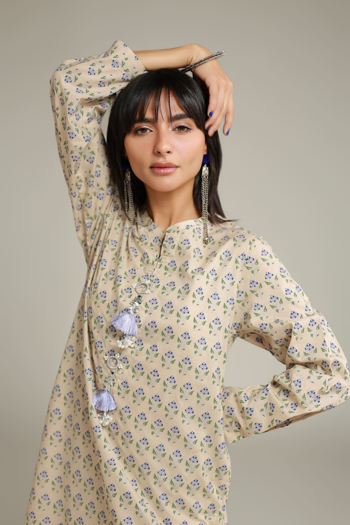Printed Cambric Floral Longline Kurta - 12-26-115-F-E-VG
