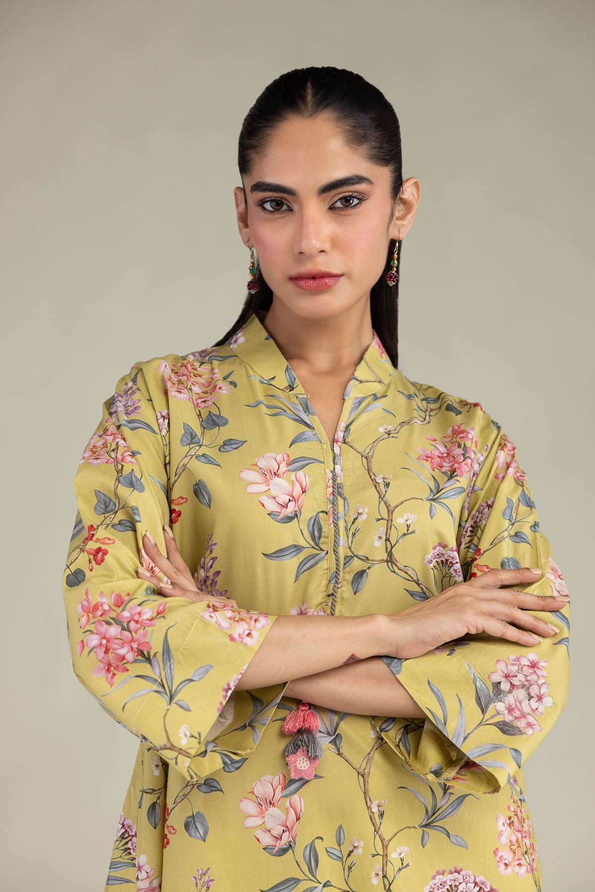 Printed Cotton Viscose Floral V-Neck Kurta - 2-26-304-B-D1-VG