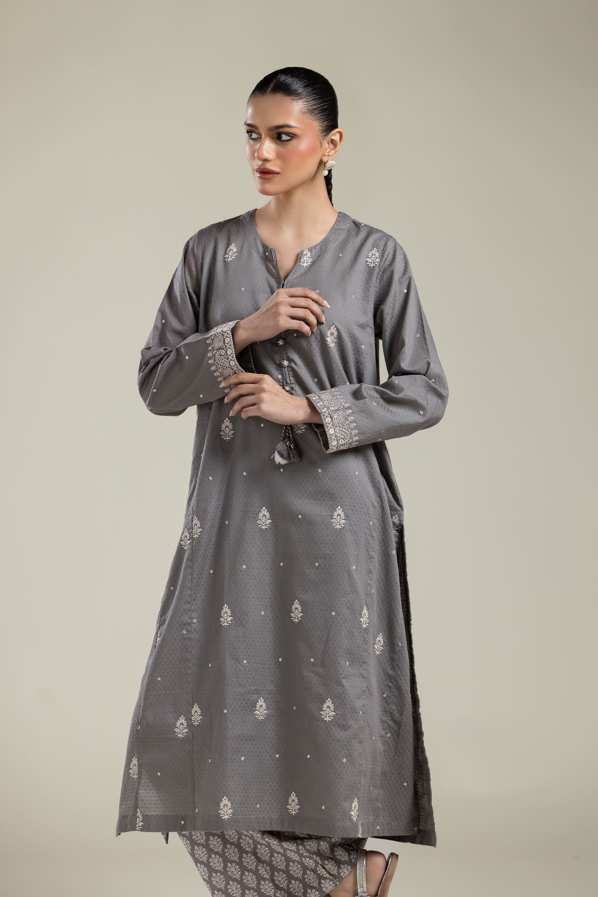Embroidered Cotton Dobby Gray Cotton Kurta - 1-26-106-A-D-VG