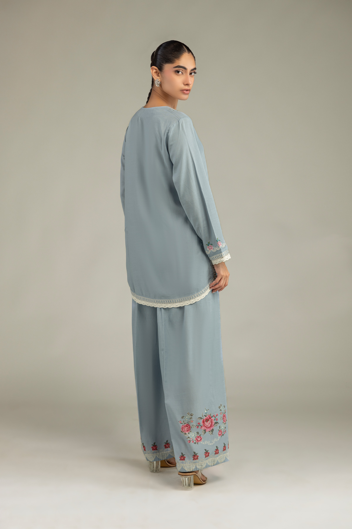 Embroidered Raw Silk Blue Floral Kurta - 1-26-102-A-F-VG