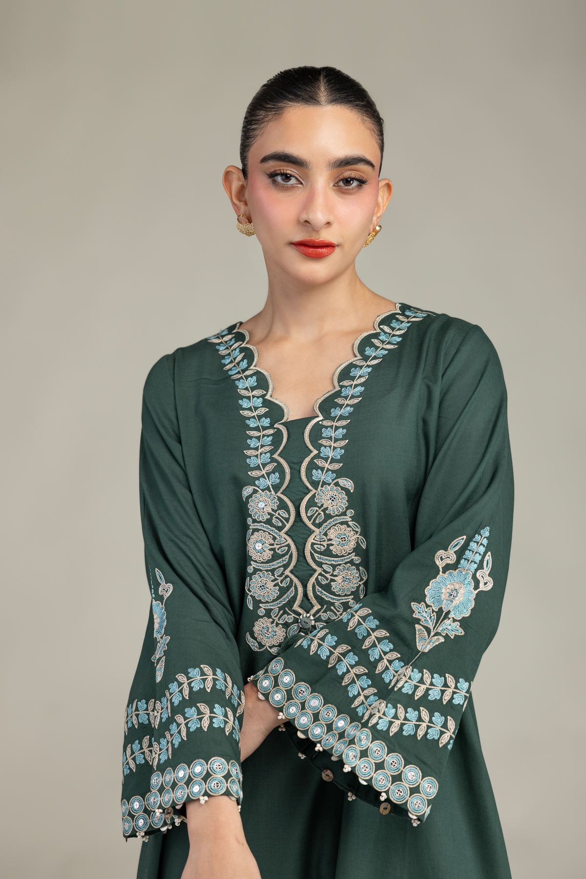 Embroidered Raw Silk Green Floral Kurta - 2-26-201-A-C-VG