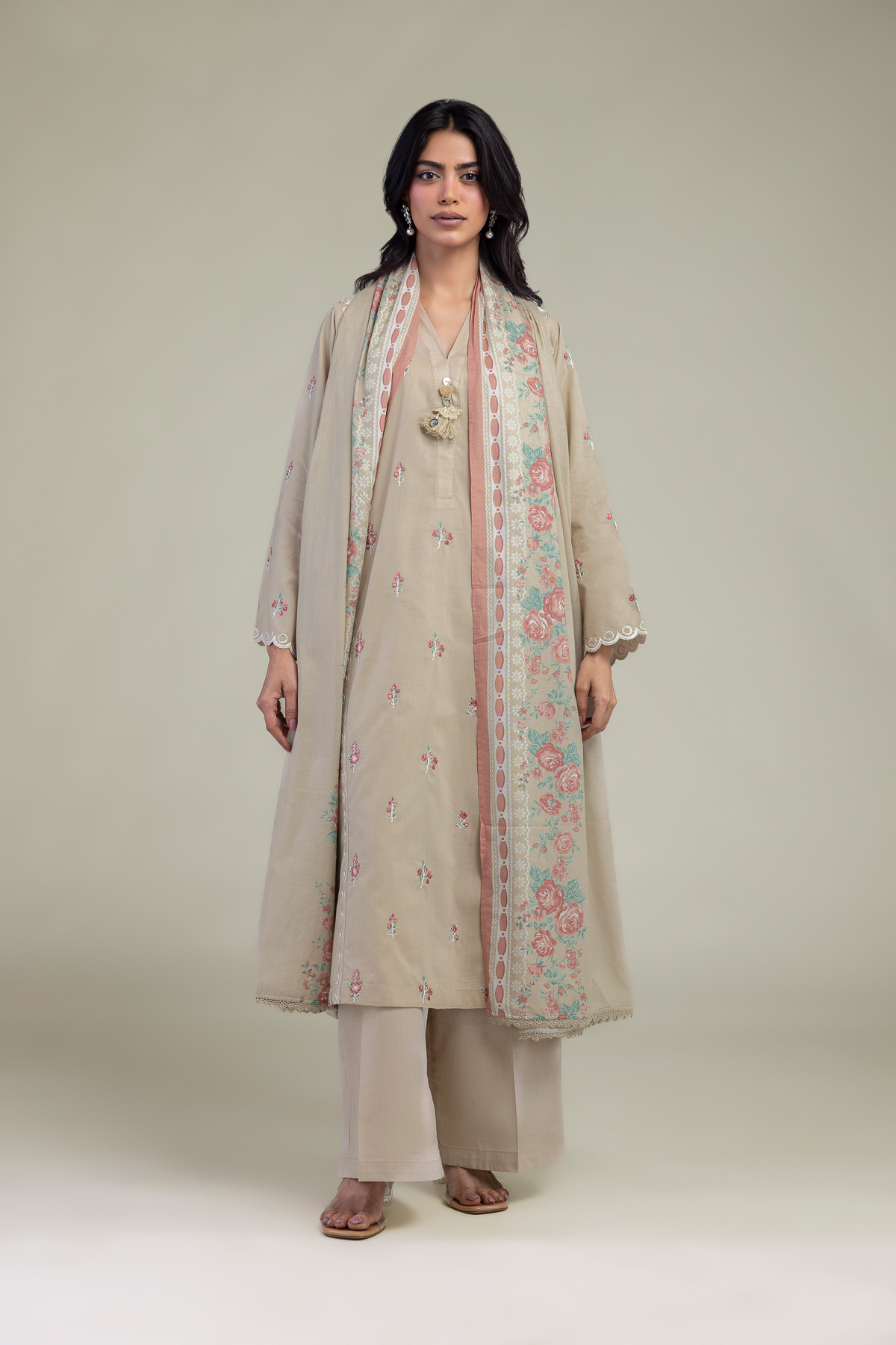 Embroidered Lawn Floral Cambric Dupatta - B1-2-26-106-A-C-VG