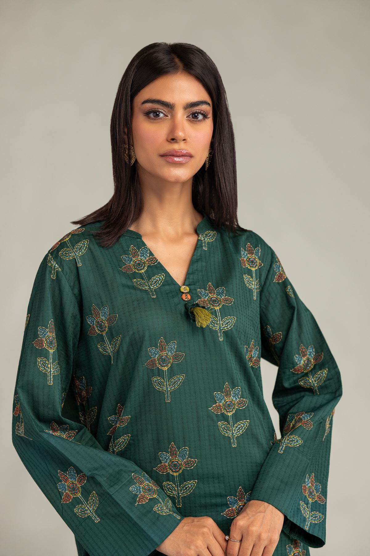Embroidered Cotton Dobby Floral Longline Kurta - 2-26-301-B-F1-VG