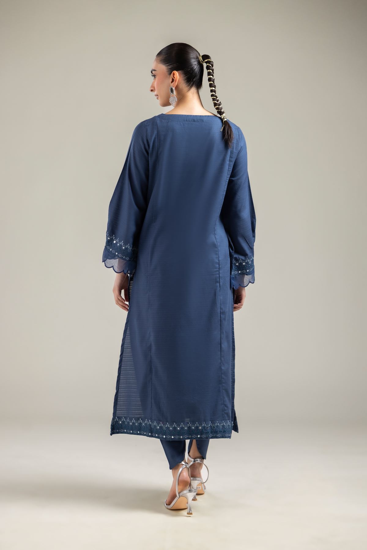Embroidered Cotton Dobby Long Navy Kurta - T-A22-26-122FI1-VG
