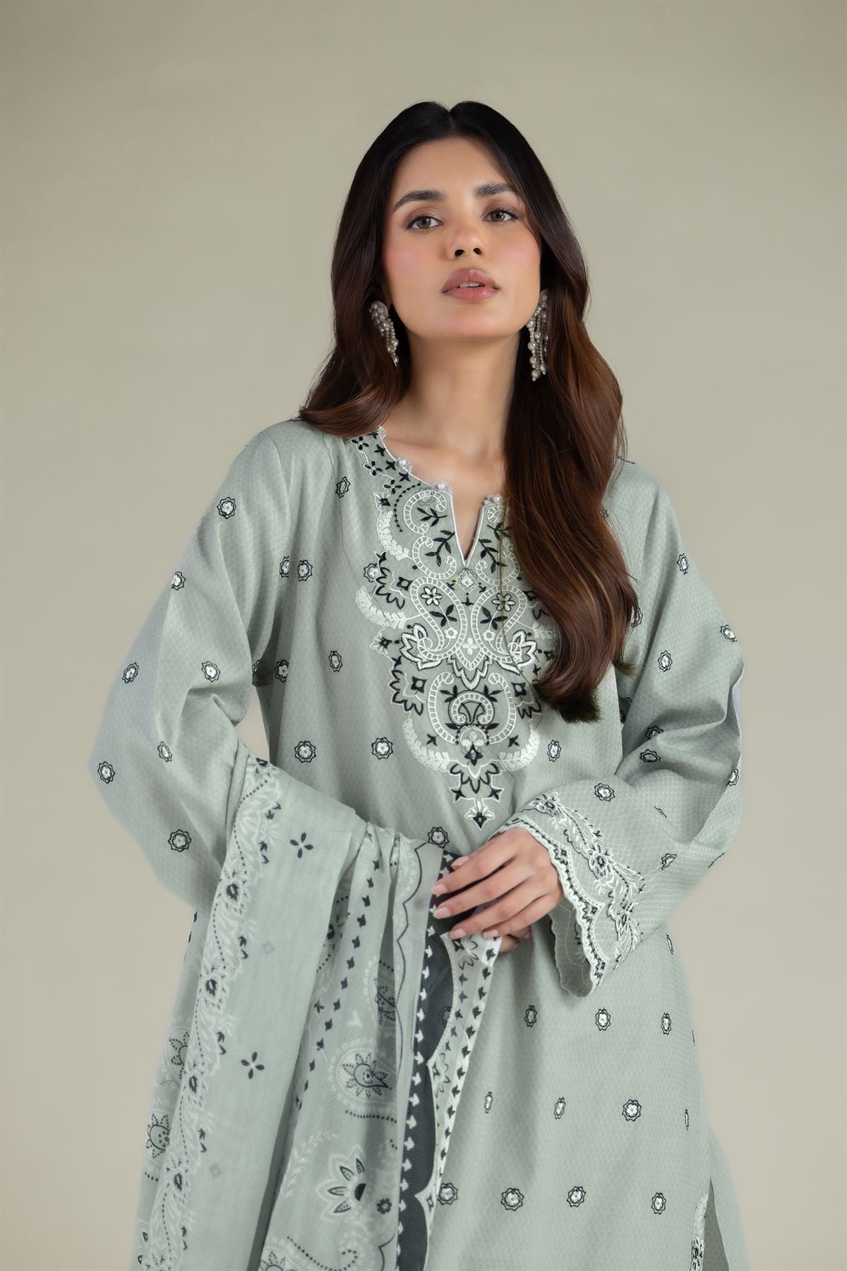 Embroidered Cotton Dobby 3-Piece Tailored Set - 1-26-102-A-F-VG