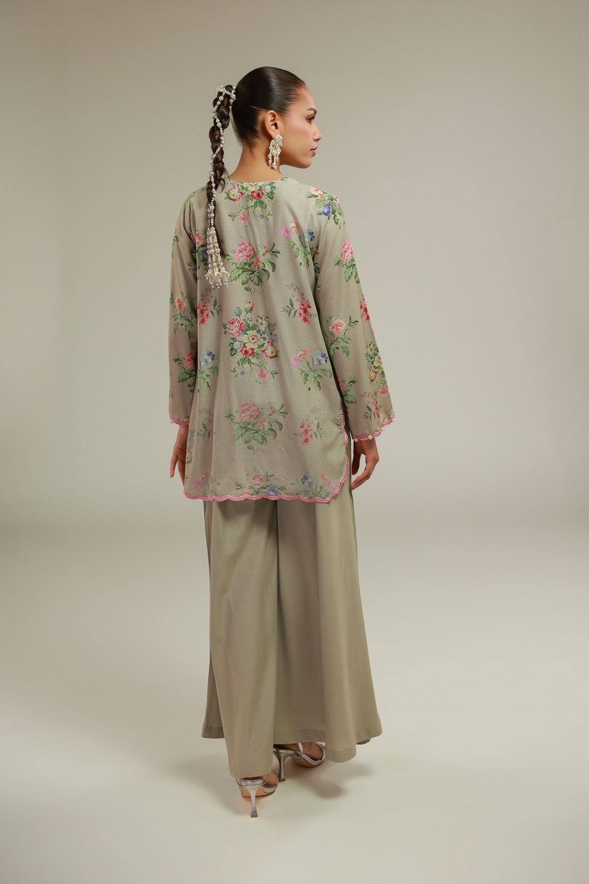 Embroidered Raw Silk Floral V-Neck Kurta - 1-26-119-A-D-VG