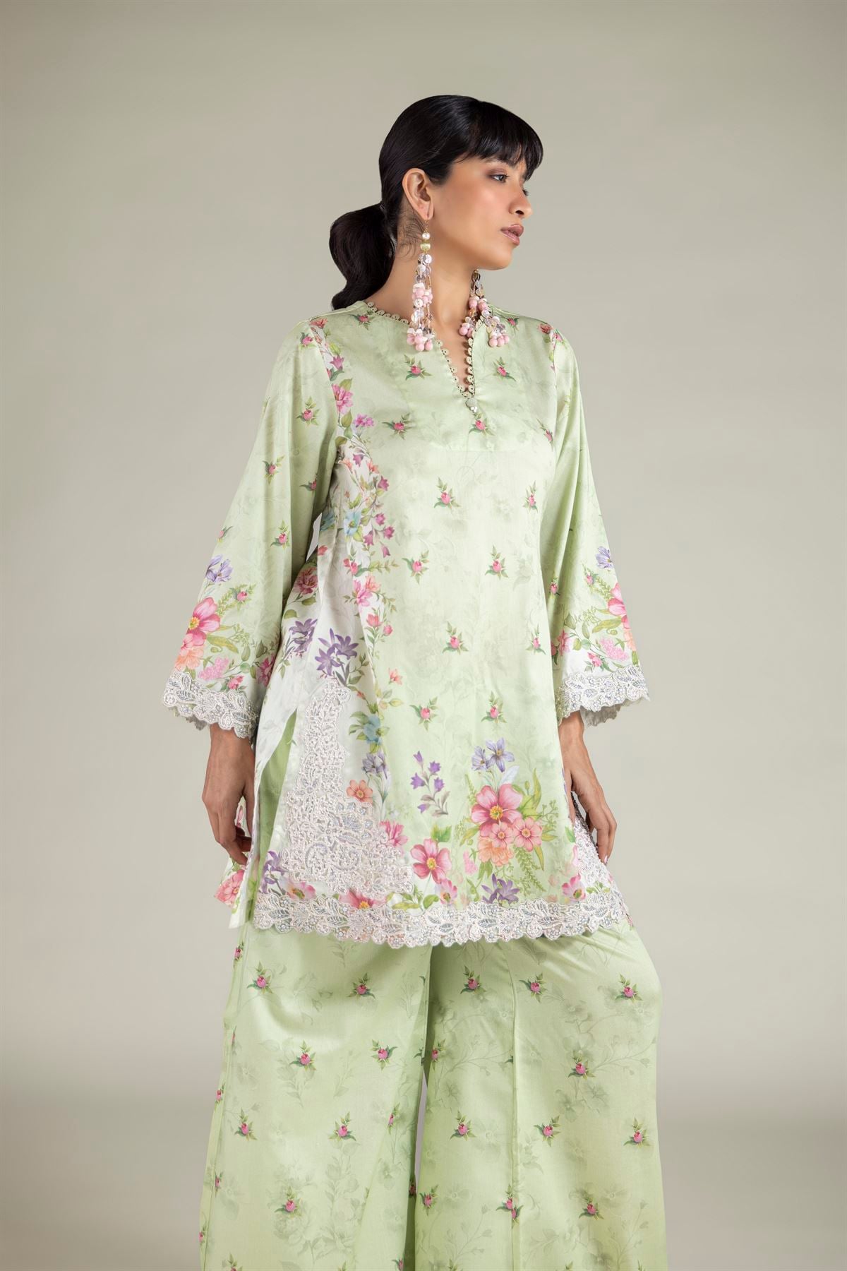 Embroidered Satin Tailored 2 Piece | Top and Bottom - T-A112-26-101EE2-VG